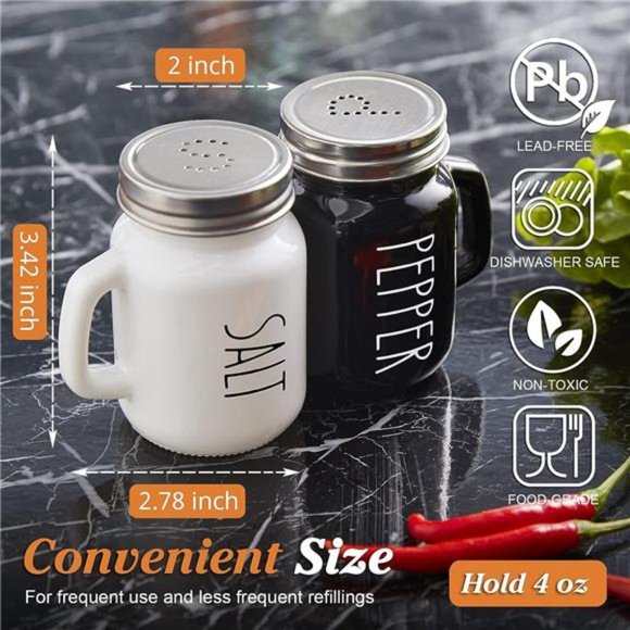 Salt and Pepper Shakers Set 4 oz Glass Black White Salt Pepper Shaker Set - Picture 5 of 7